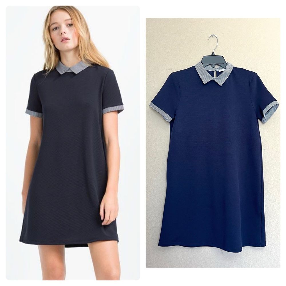 Zara Collar Navy Ribbed A Line Dress